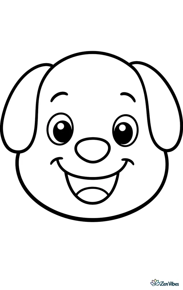 A big round puppy face with floppy ears, a wide smile, and a small nose, filling the page