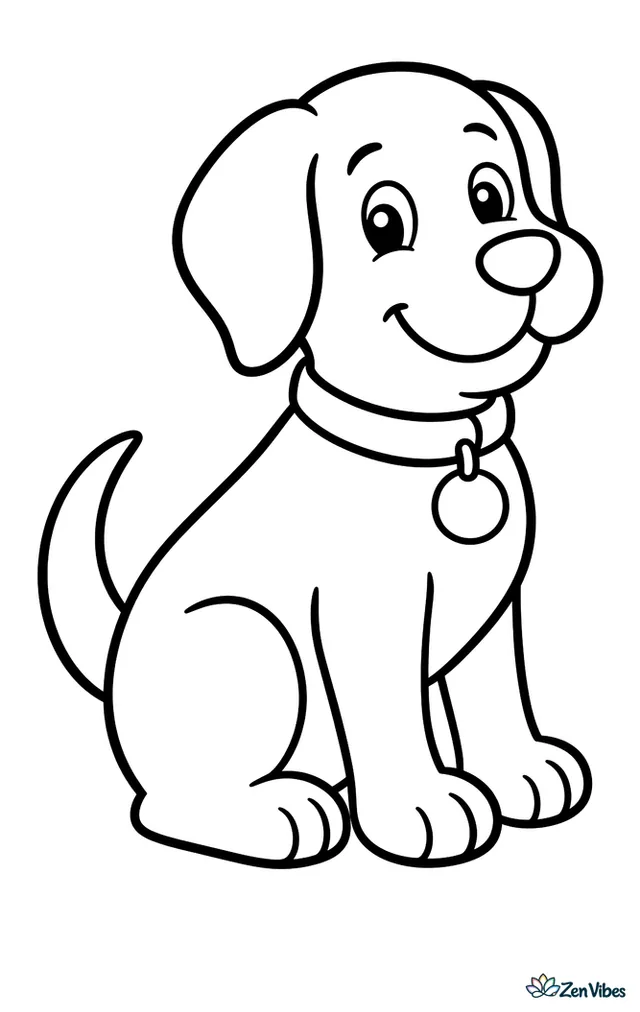 A friendly dog sitting side-on wearing a wide collar with a round tag