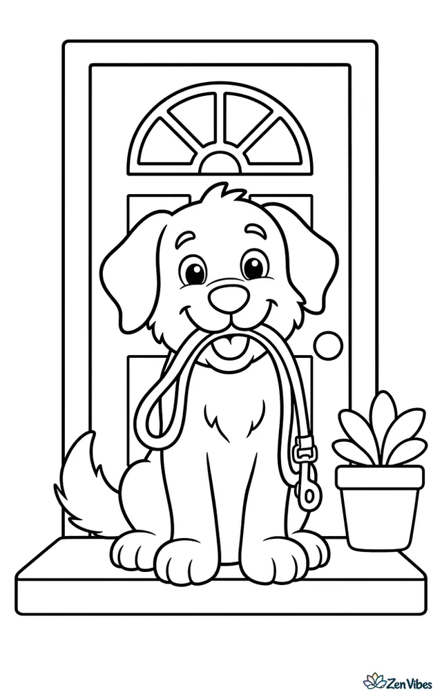 A happy dog sitting at a front door holding its own leash in its mouth, ready for a walk