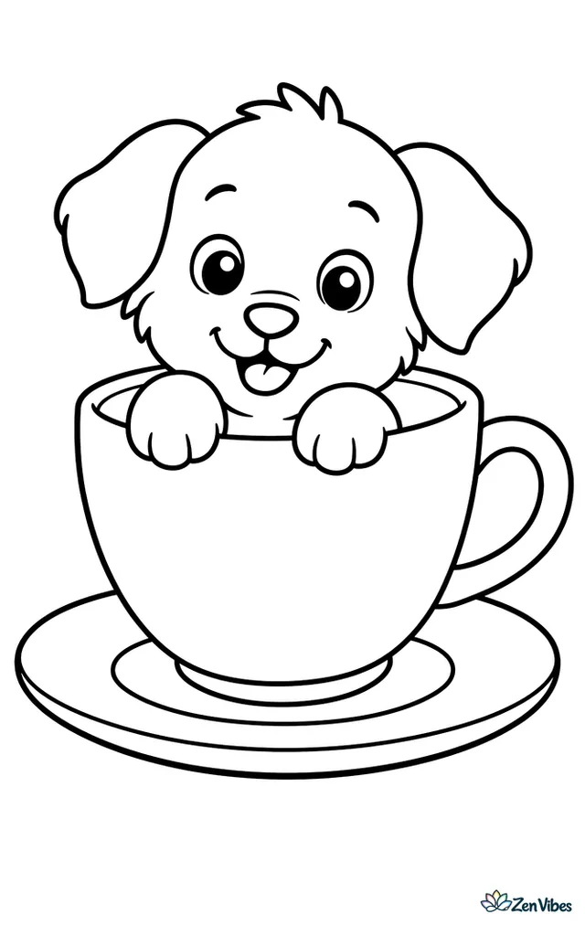 A tiny puppy peeking out of a big teacup with a saucer underneath