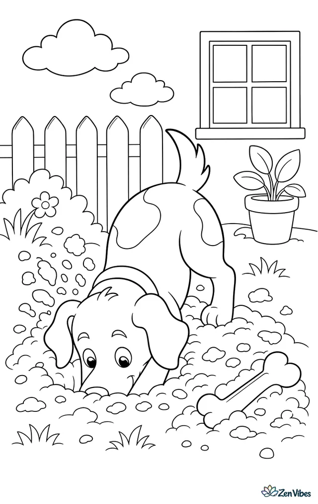 A dog with its head down digging in the garden with dirt flying and a half-buried bone beside it