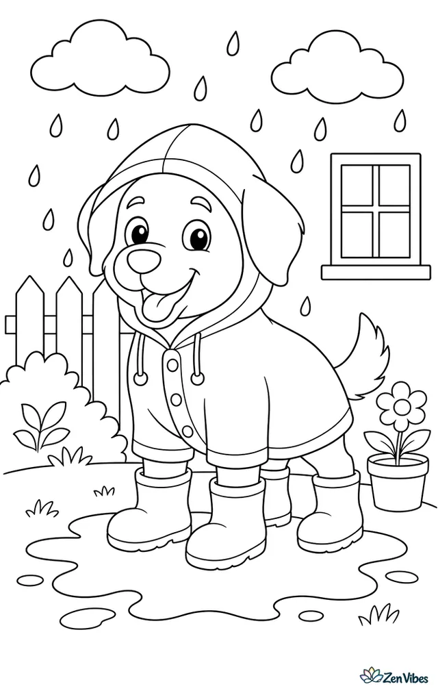 A dog in a hooded raincoat and boots standing in the rain next to a puddle with raindrops falling