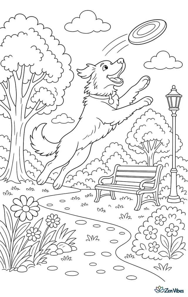 A dog leaping into the air in a park to catch a flying disc, with trees and a bench behind