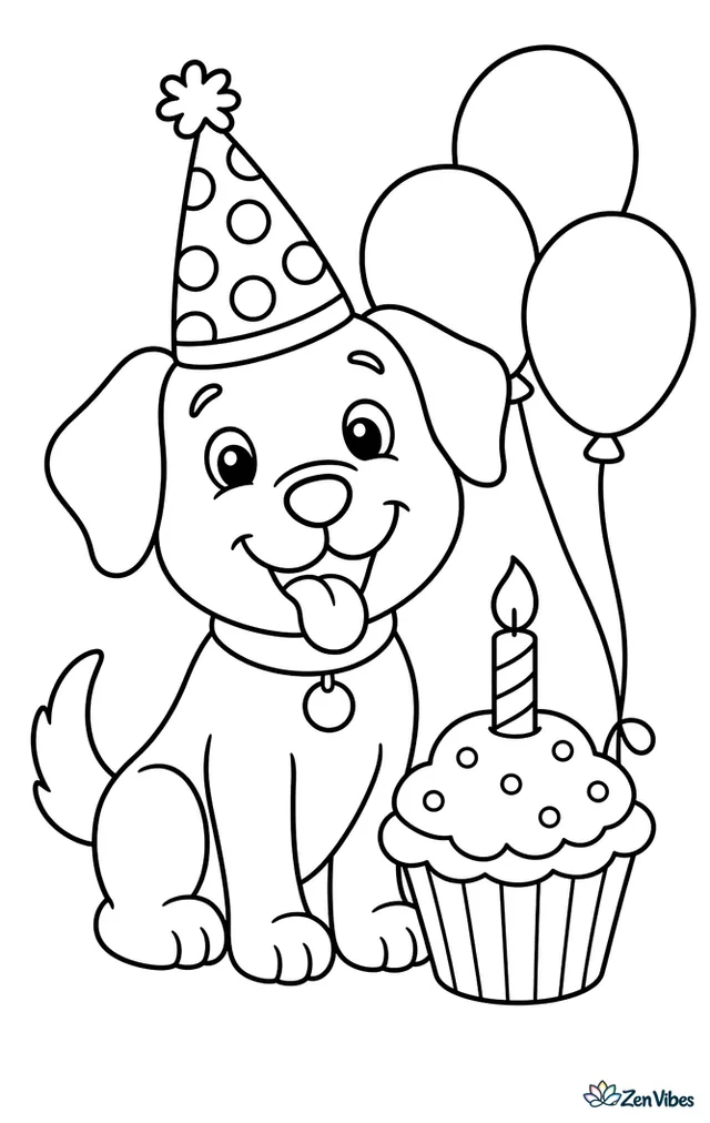 A dog wearing a pointed party hat next to a cupcake with one candle and a few balloons