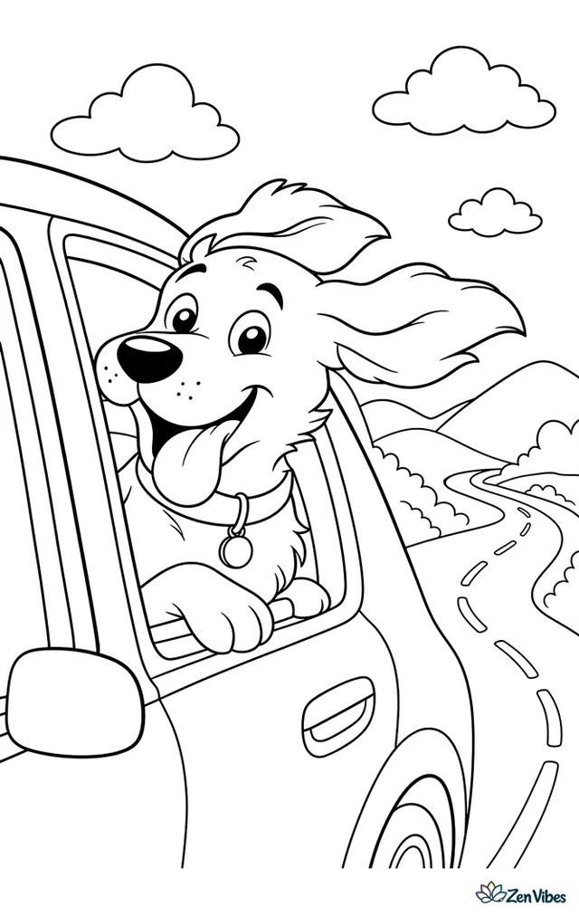 A dog with its head out of a car window, ears flying back, tongue out, a road and hills in the background