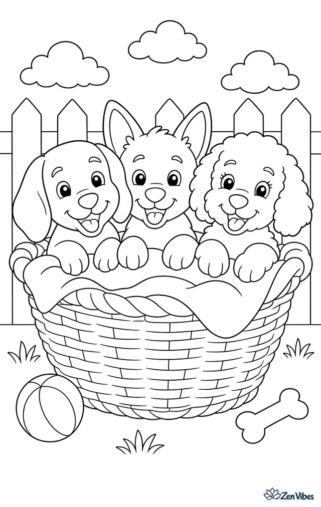 Three puppies with different ear shapes snuggled together in a wicker basket lined with a blanket