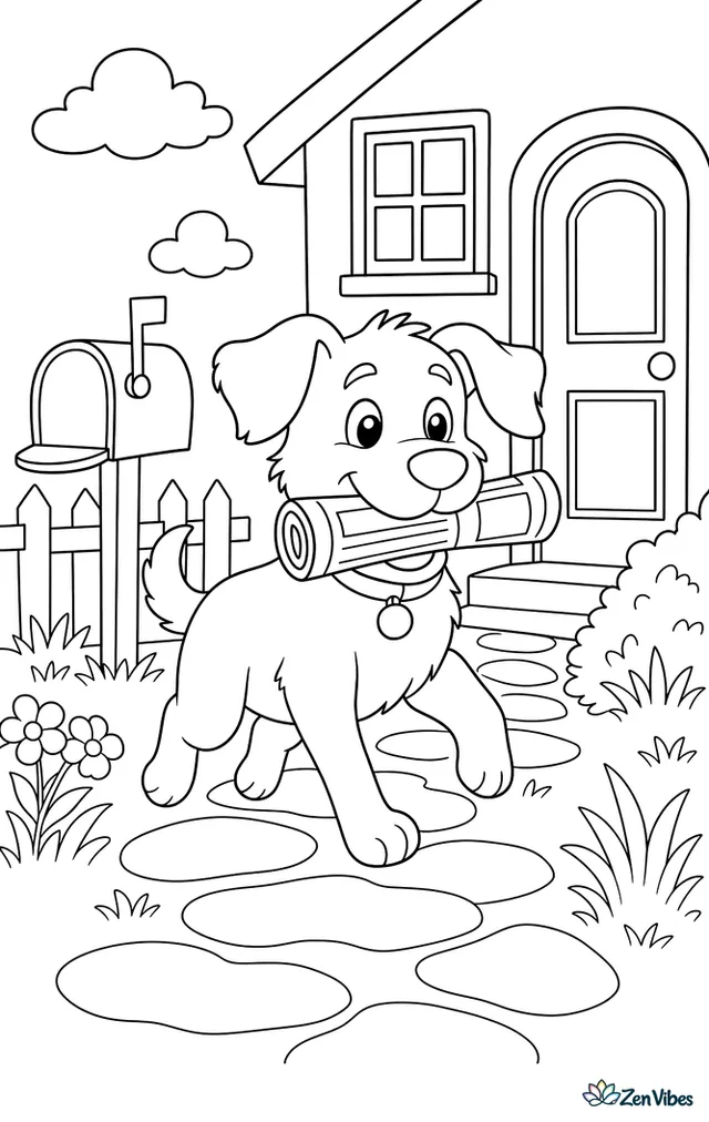 A dog trotting up a garden path carrying a rolled newspaper, with a mailbox and a front door behind