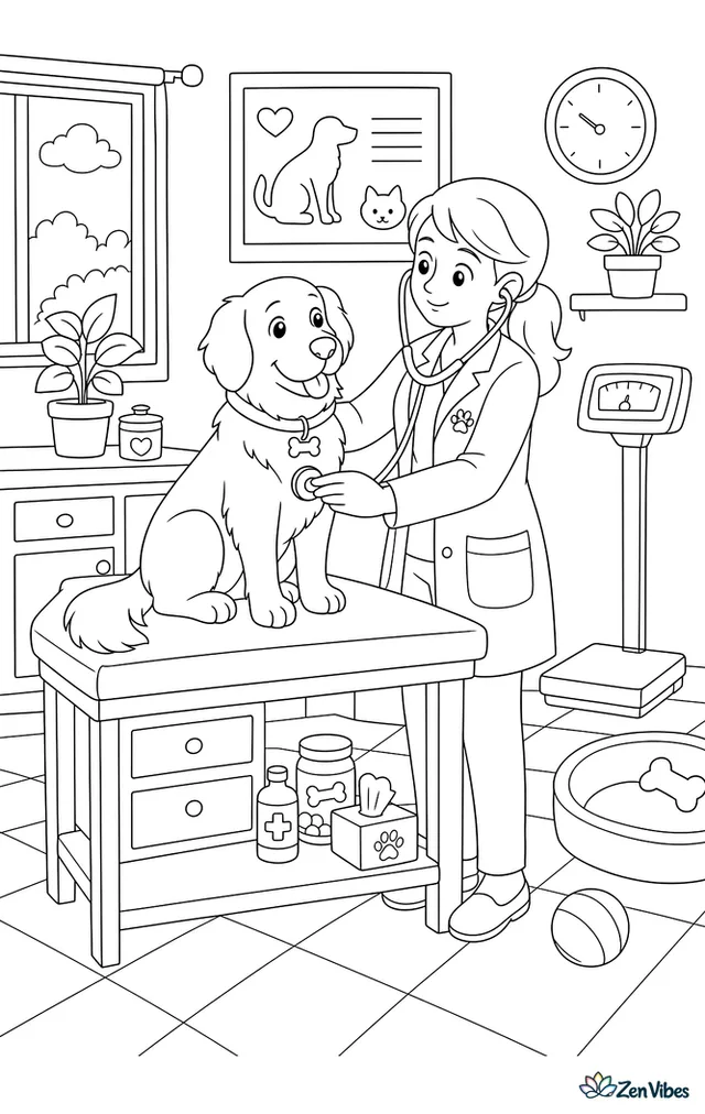 A calm dog sitting on an exam table while a vet listens with a stethoscope, a poster and a scale in the room