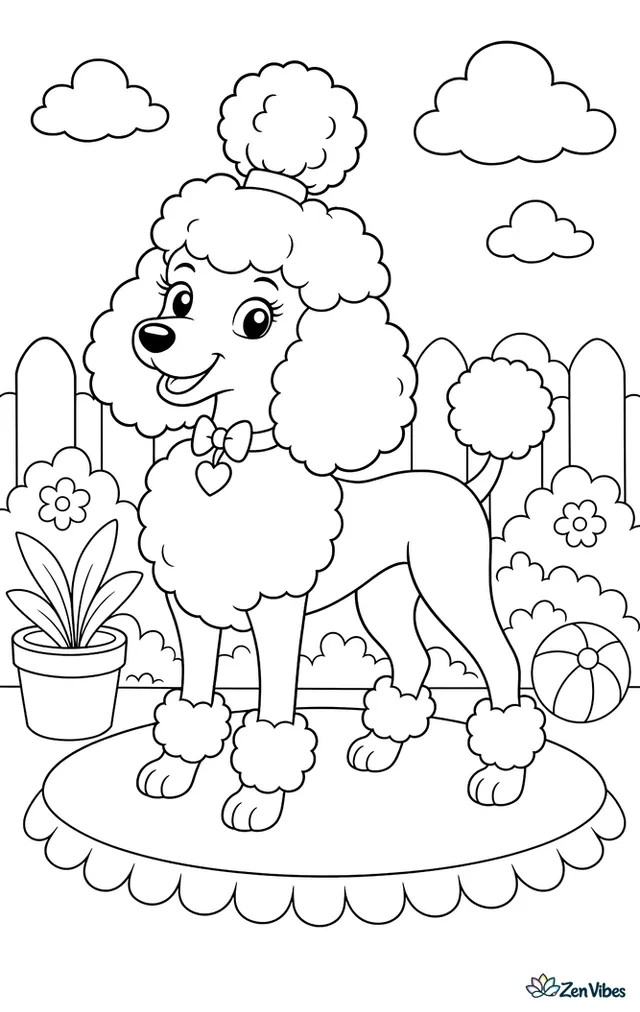 A poodle-style dog with a fluffy curly coat and a neat topknot standing proudly on a small stage mat