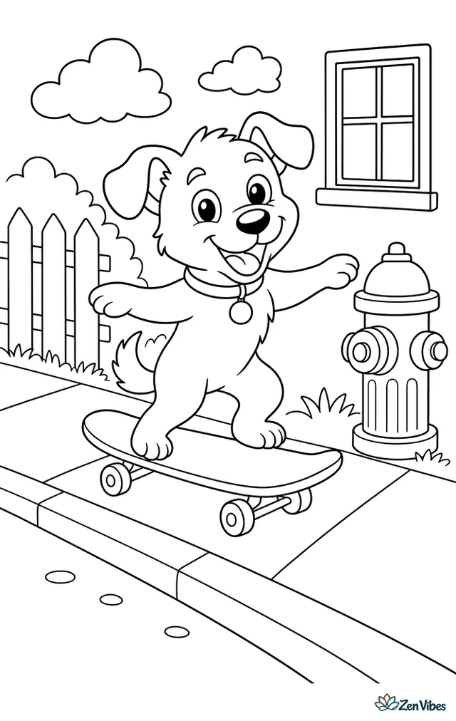 A small dog balancing on a skateboard rolling down a sidewalk past a fire hydrant