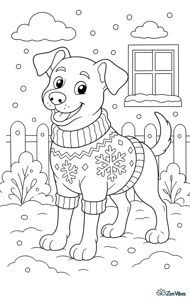 A short-haired dog wearing a cozy knitted sweater with a snowflake pattern, standing in light snow