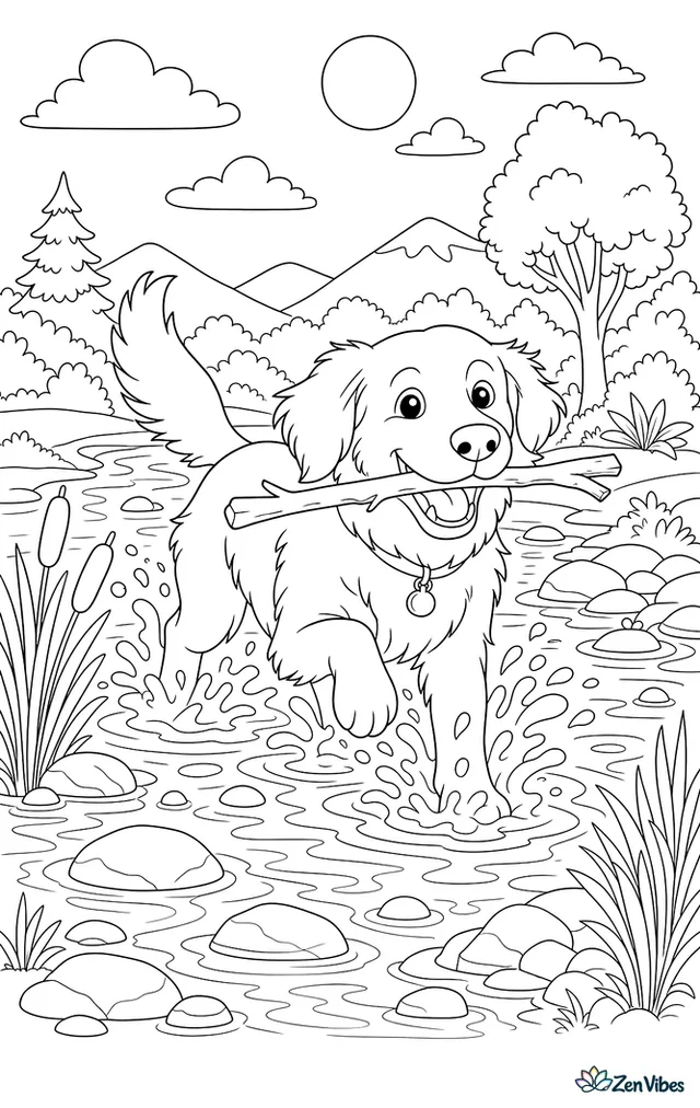 A dog splashing through shallow water with a stick, rocks and reeds along the bank