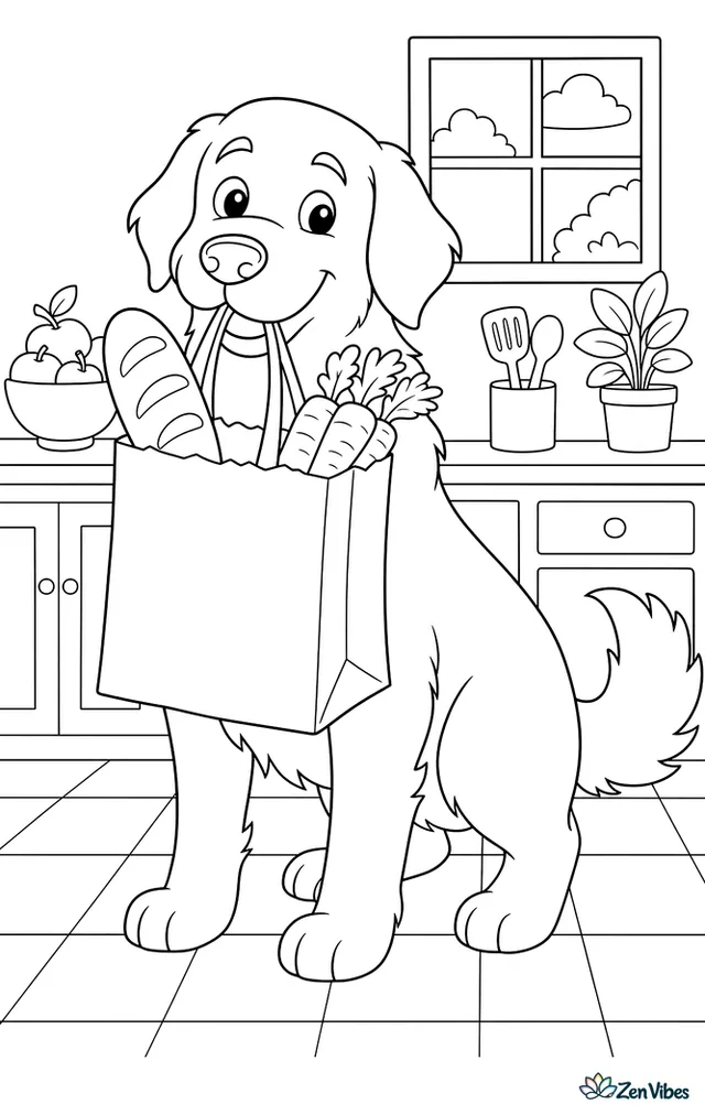 A big dog carrying a paper grocery bag in its mouth with a loaf of bread and carrots poking out, a kitchen counter behind