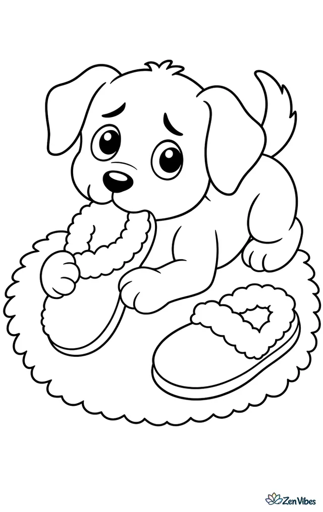 A guilty-looking puppy lying on a rug with a fluffy slipper in its paws and a second slipper nearby