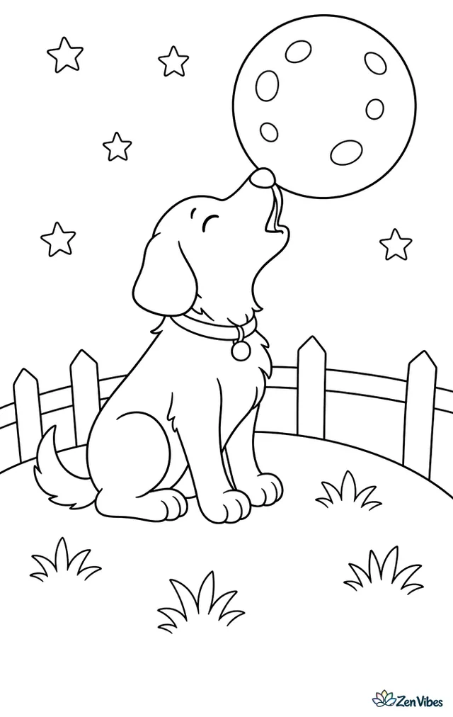 A dog sitting on a hill howling at a big round moon with a few stars and a fence line