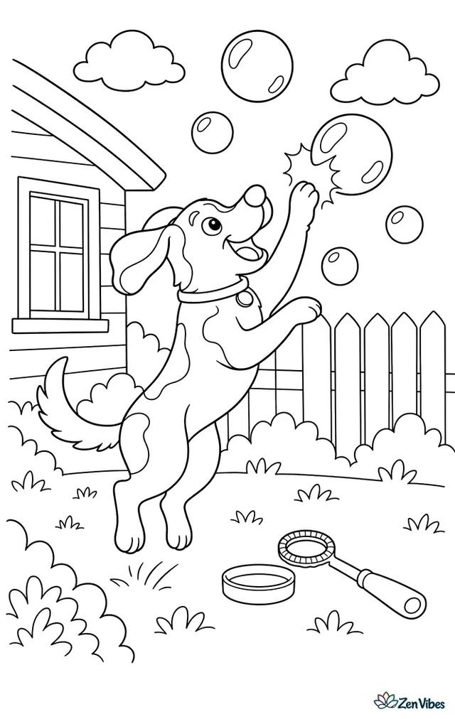 A dog jumping up to pop floating bubbles in a backyard, with a bubble wand lying on the grass