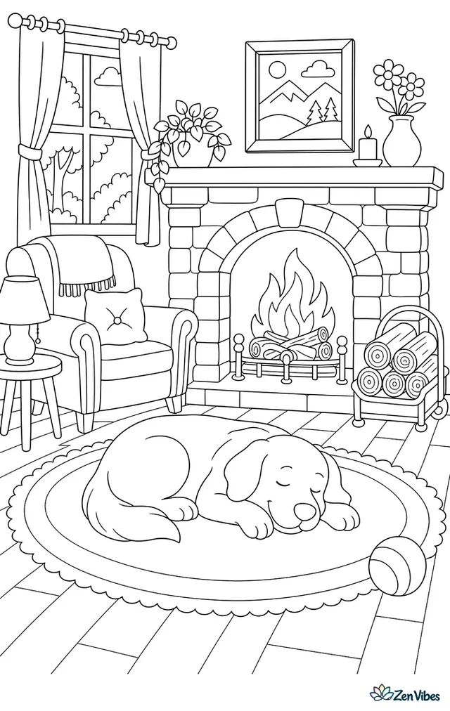 A dog asleep on a rug in front of a fireplace with a stack of logs, an armchair, and a framed picture on the mantel