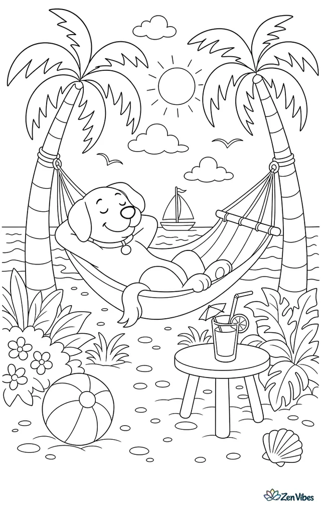 A relaxed dog lying in a hammock strung between two palm trees with a drink on a little table