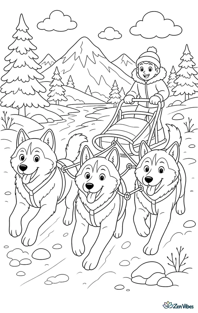 Three husky-style dogs pulling a sled across snow with pine trees and mountains in the background