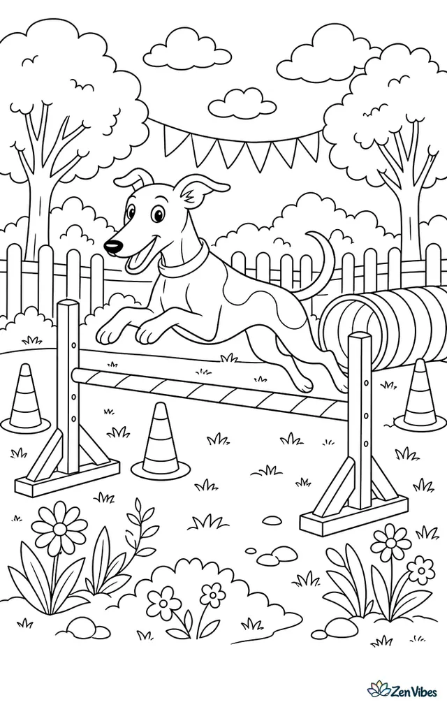 A slim dog mid-jump over a striped hurdle on an agility course with cones and a tunnel behind