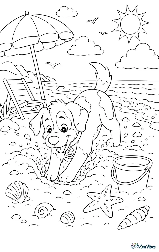 A dog digging in wet sand near the waves with a bucket, a starfish, and a beach umbrella behind