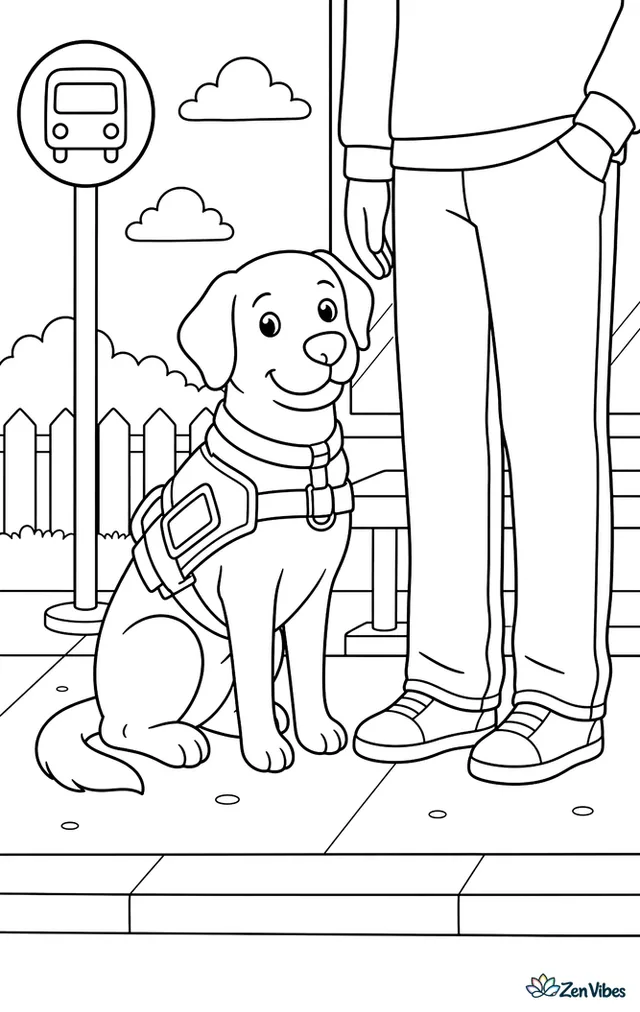 A calm dog wearing a working vest sitting beside a person's legs at a bus stop