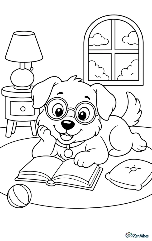 A dog wearing round glasses lying on its belly with an open book and a lamp on a side table