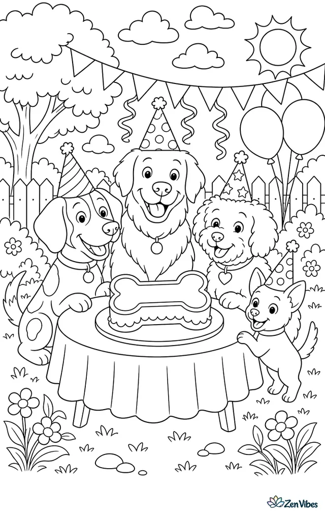 Four dogs of different sizes around a table with a bone-shaped cake, hats, and streamers