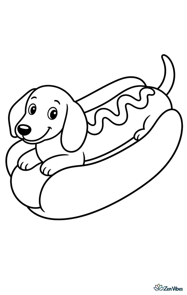 A long-bodied dog lying inside a giant hot dog bun with a drawn squiggle of mustard shape as a blanket