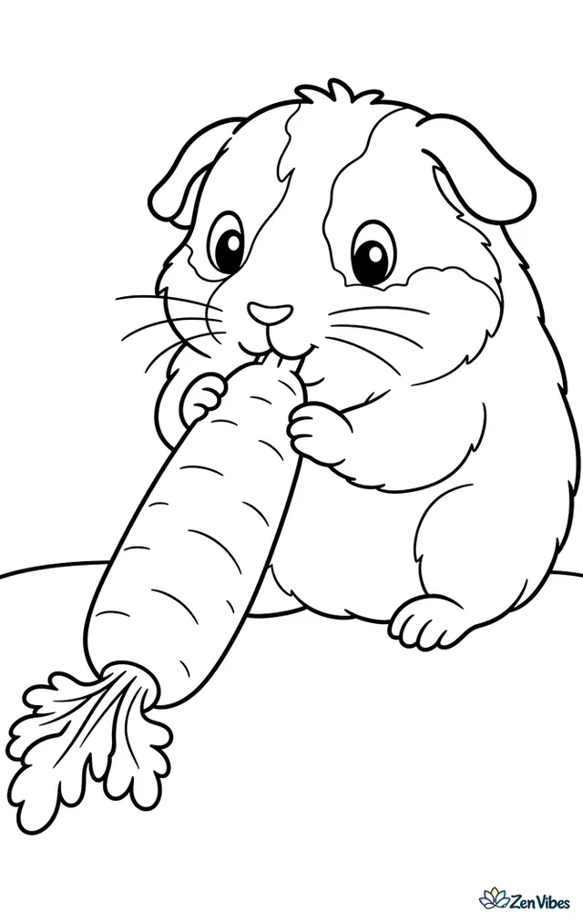 A guinea pig nibbling the end of a carrot that is longer than it is, on a plain ground line