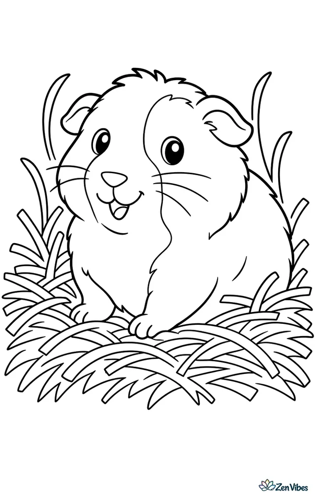 A guinea pig sitting in a pile of hay with a few strands sticking up around it