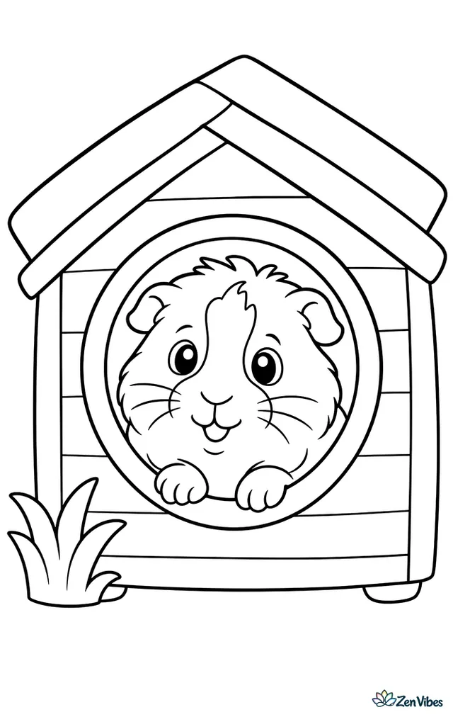 A guinea pig looking out of the round door of a small wooden hideout house