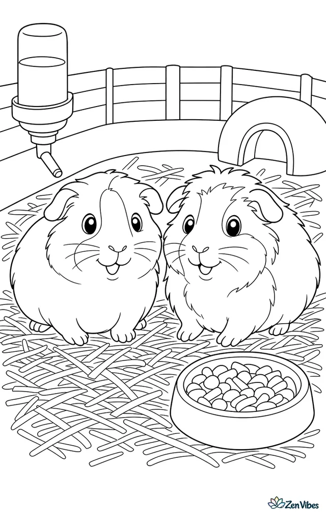 Two guinea pigs sitting side by side on a bed of hay with a water bottle and a food dish in a pen
