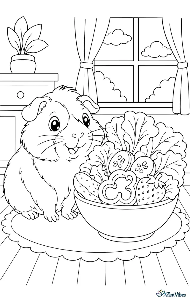 A guinea pig beside a bowl overflowing with lettuce, cucumber, bell pepper, and a strawberry, on a kitchen floor with a mat