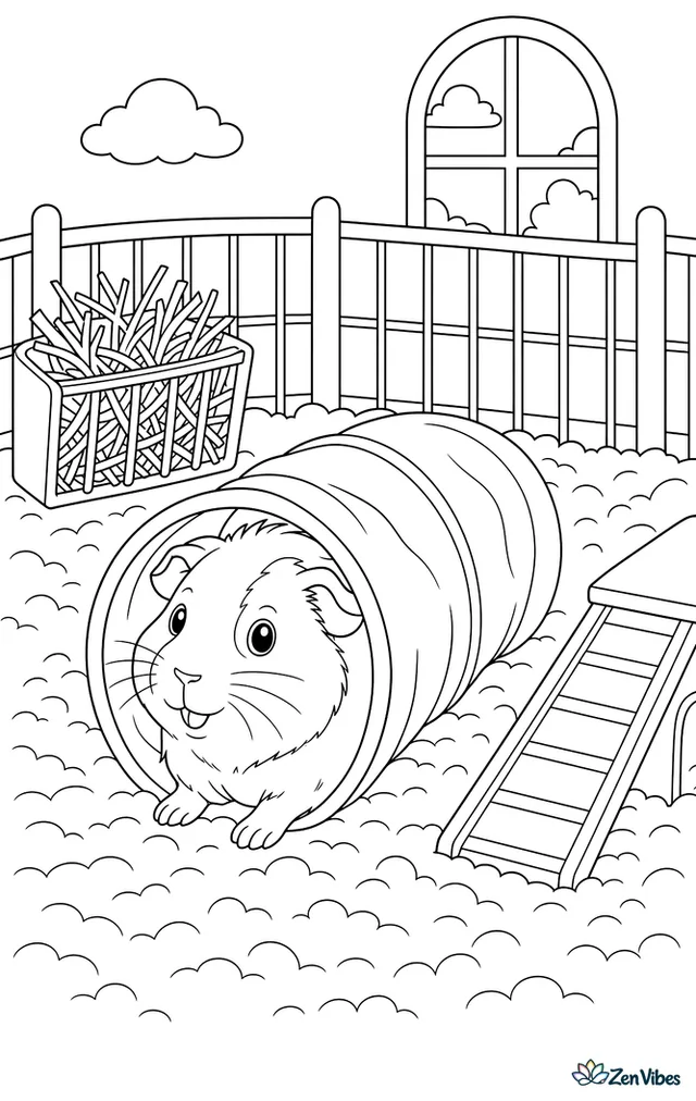 A guinea pig halfway through a fabric tunnel in a pen with fleece bedding, a hay rack, and a small ramp