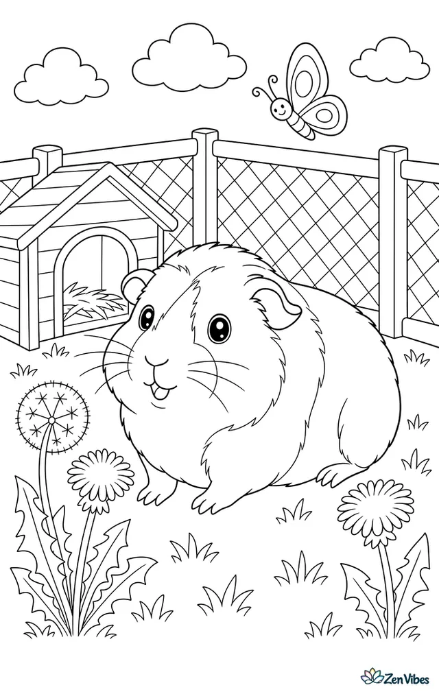 A guinea pig in an outdoor run on the lawn with a mesh fence, a shelter, dandelions, and a butterfly