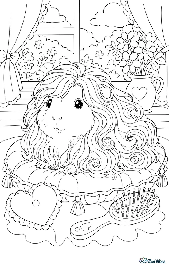 A long-haired guinea pig with flowing tufts and swirled rosettes of fur, sitting on a cushion with a hairbrush beside it