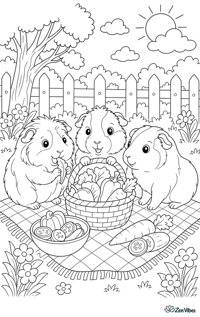 Three guinea pigs at a small picnic on a blanket with a basket of vegetables, a checkered cloth, flowers, and a fence behind