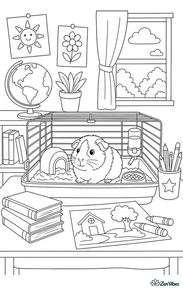 A guinea pig in a cage on a classroom table with books, a globe, a pencil cup, drawings pinned on the wall, and a window