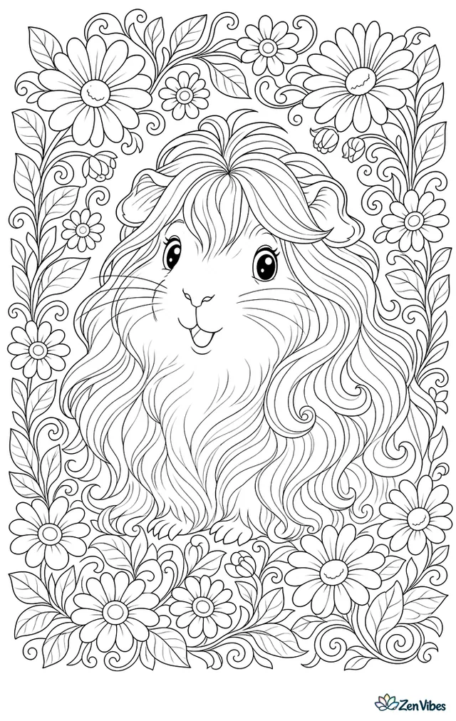 A long-haired guinea pig with elaborate swirling fur sitting among daisies and leaves that form a decorative border around the page
