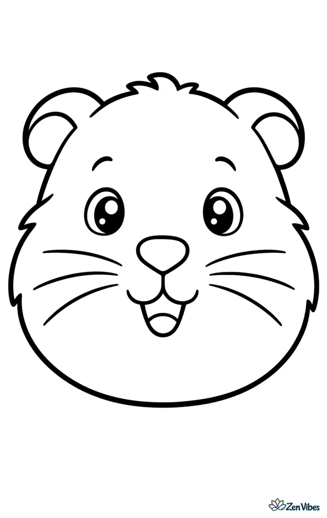 A big rounded guinea pig face with small ears, bright eyes, and whiskers filling the page
