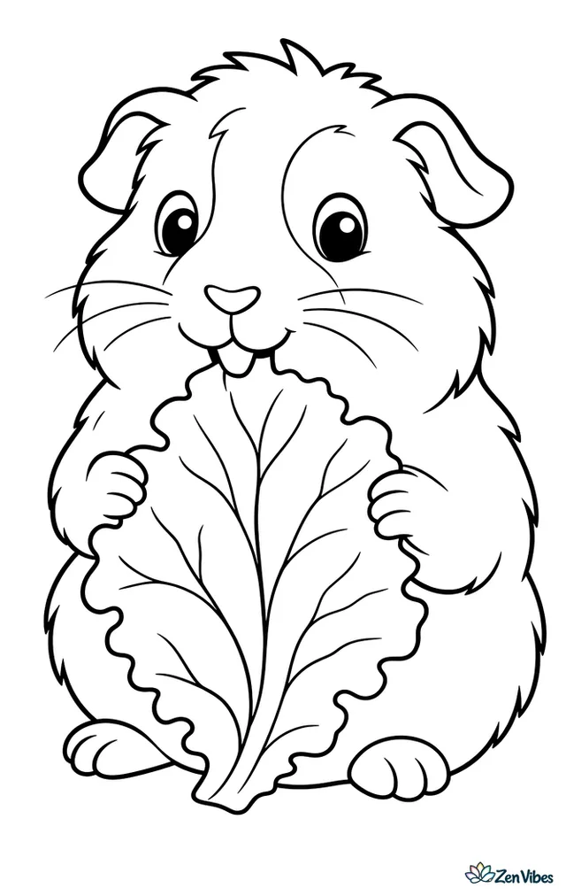 A guinea pig nibbling a large lettuce leaf held in its paws