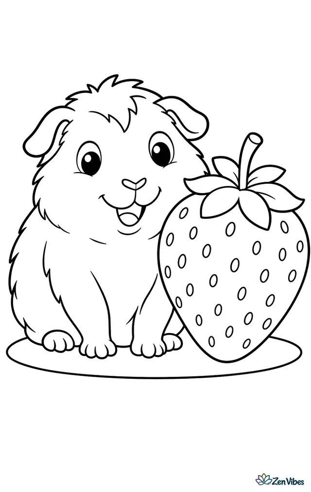 A guinea pig sitting beside a strawberry as big as its head
