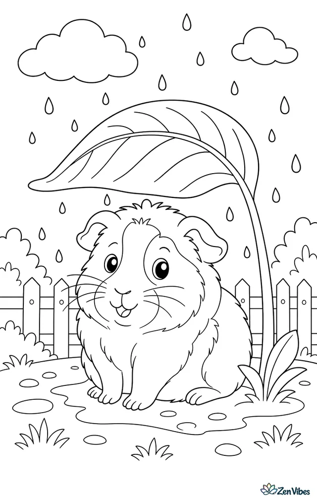 A guinea pig sheltering under a big leaf while rain falls around it