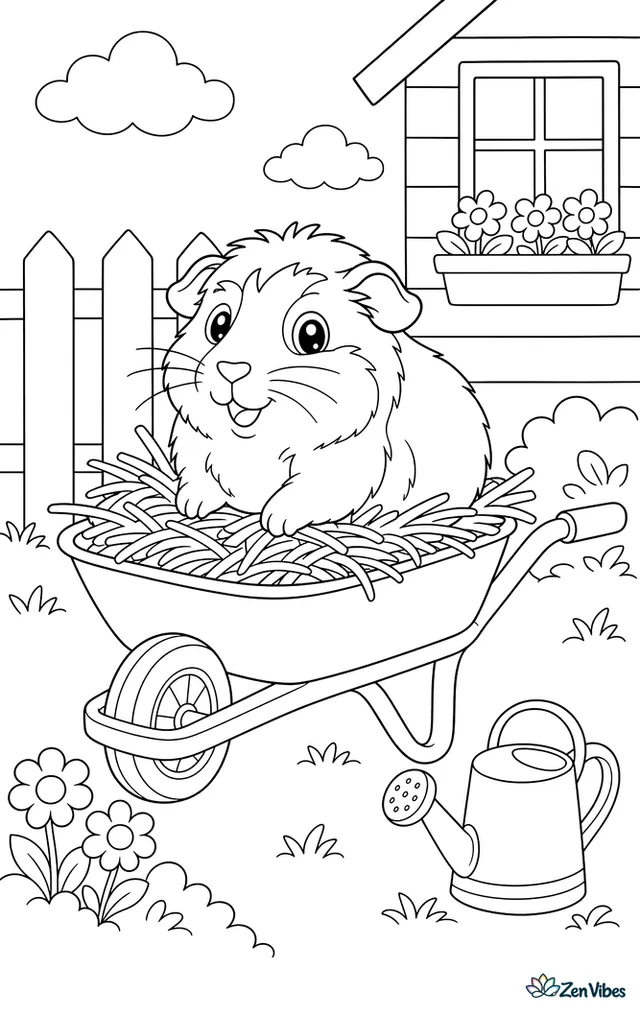 A guinea pig riding in a toy wheelbarrow full of hay in a garden
