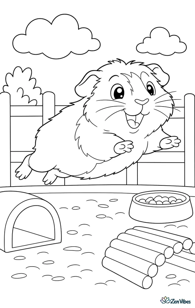 A guinea pig leaping happily into the air with all four legs off the ground in its pen