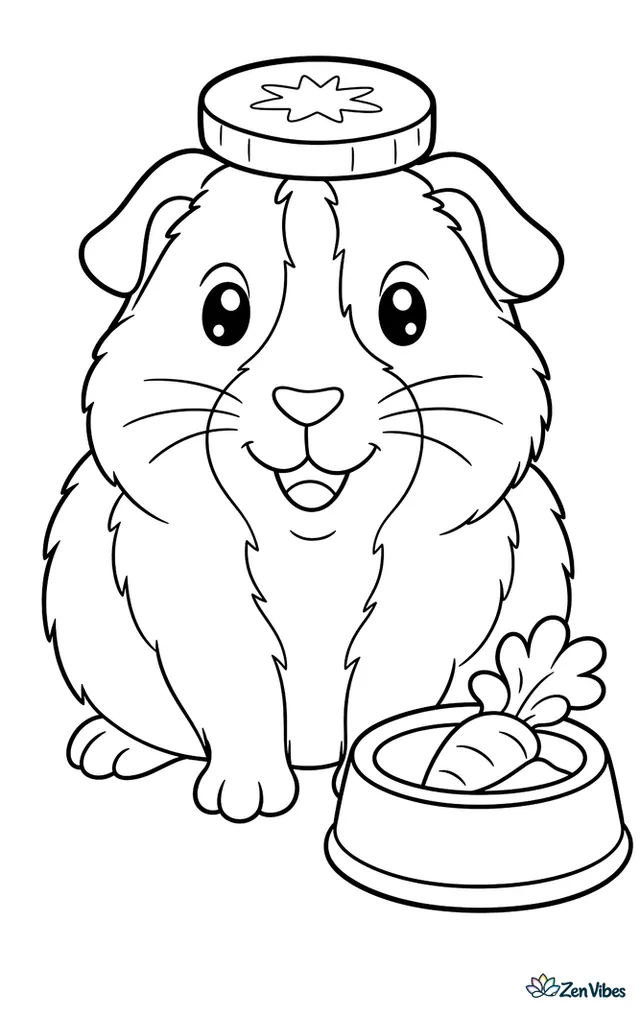 A guinea pig with a slice of carrot balanced on its head like a hat, a food bowl nearby