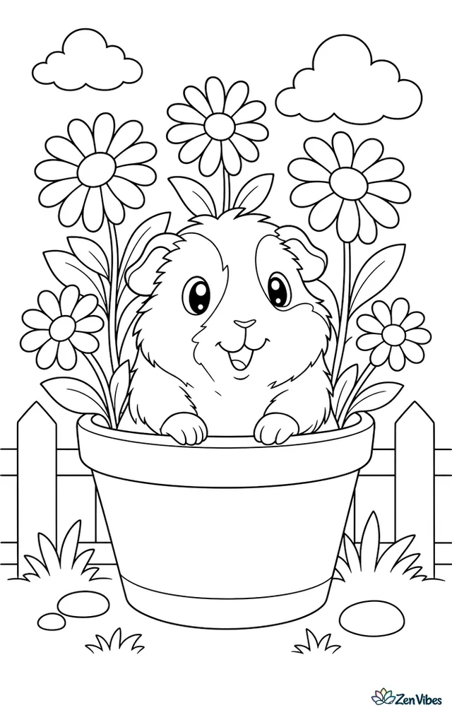 A guinea pig sitting inside a flower pot with daisies growing around it