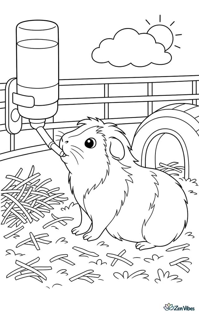 A guinea pig drinking from a water bottle in its cage with hay and a hideout