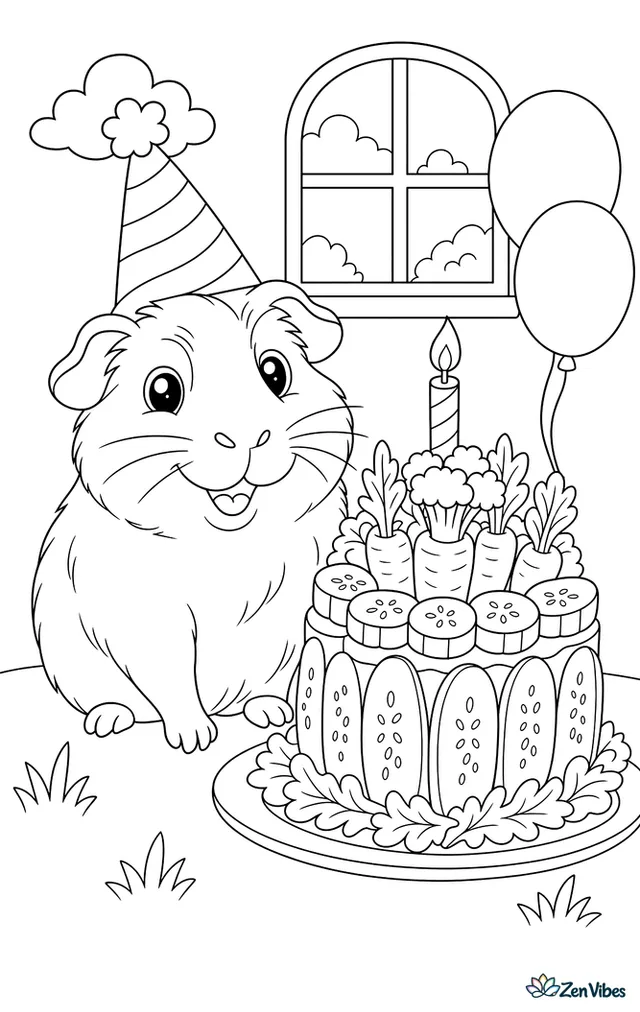 A guinea pig in a party hat next to a cake made of vegetables with one candle